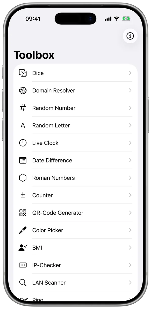 The Toolbox main screen with a list of tools